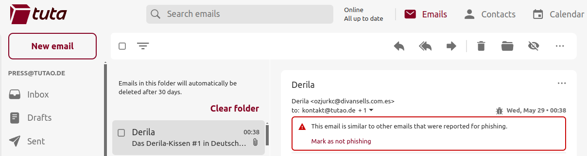 Warning banner that is added to a potential phishing email in Tuta.