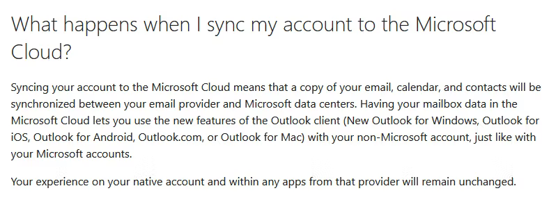 Screenshot of the Outlook sync message warning people that data is shared with the Microsoft cloud.