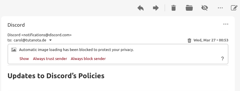 Screenshot einer Tuta-E-Mail, die externe Inhalte blockiert, mit der Frage, ob Sie die Bilder "Anzeigen", "Absender immer vertrauen" oder "Absender immer blockieren" möchten."