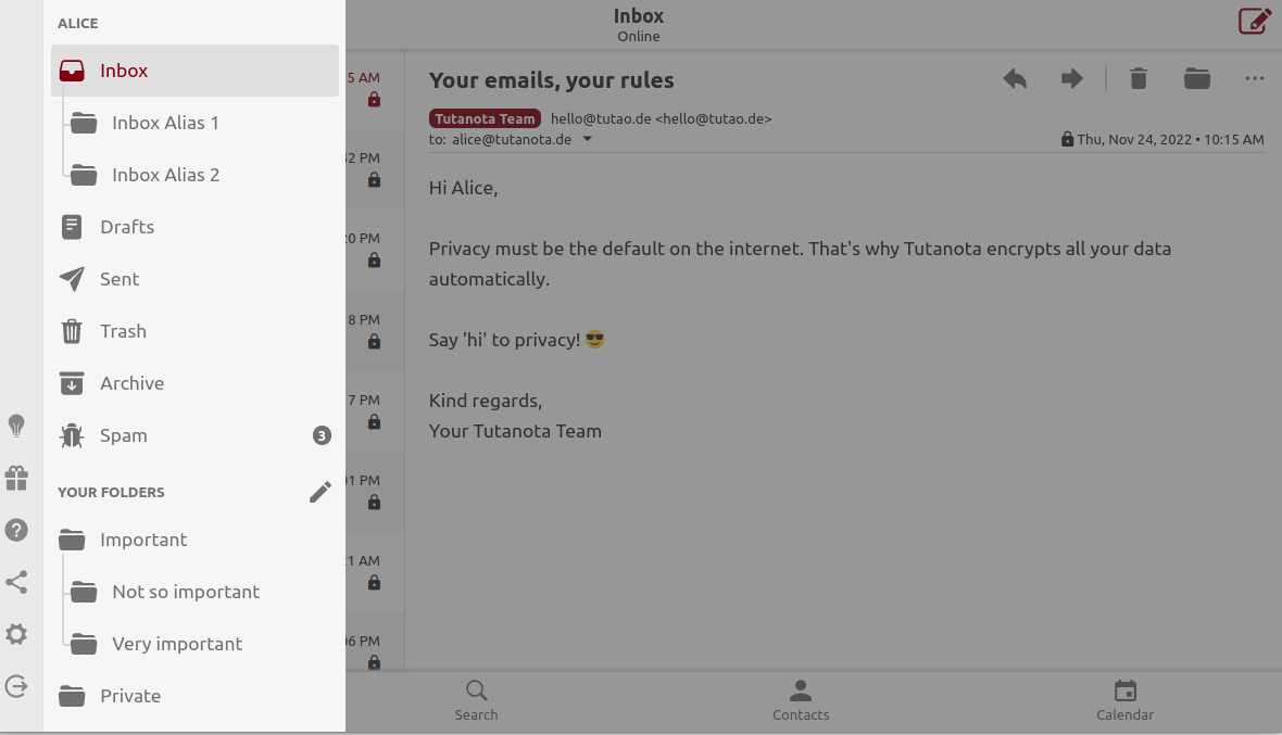 Screenshot of an inbox with subfolders in Tutanota.