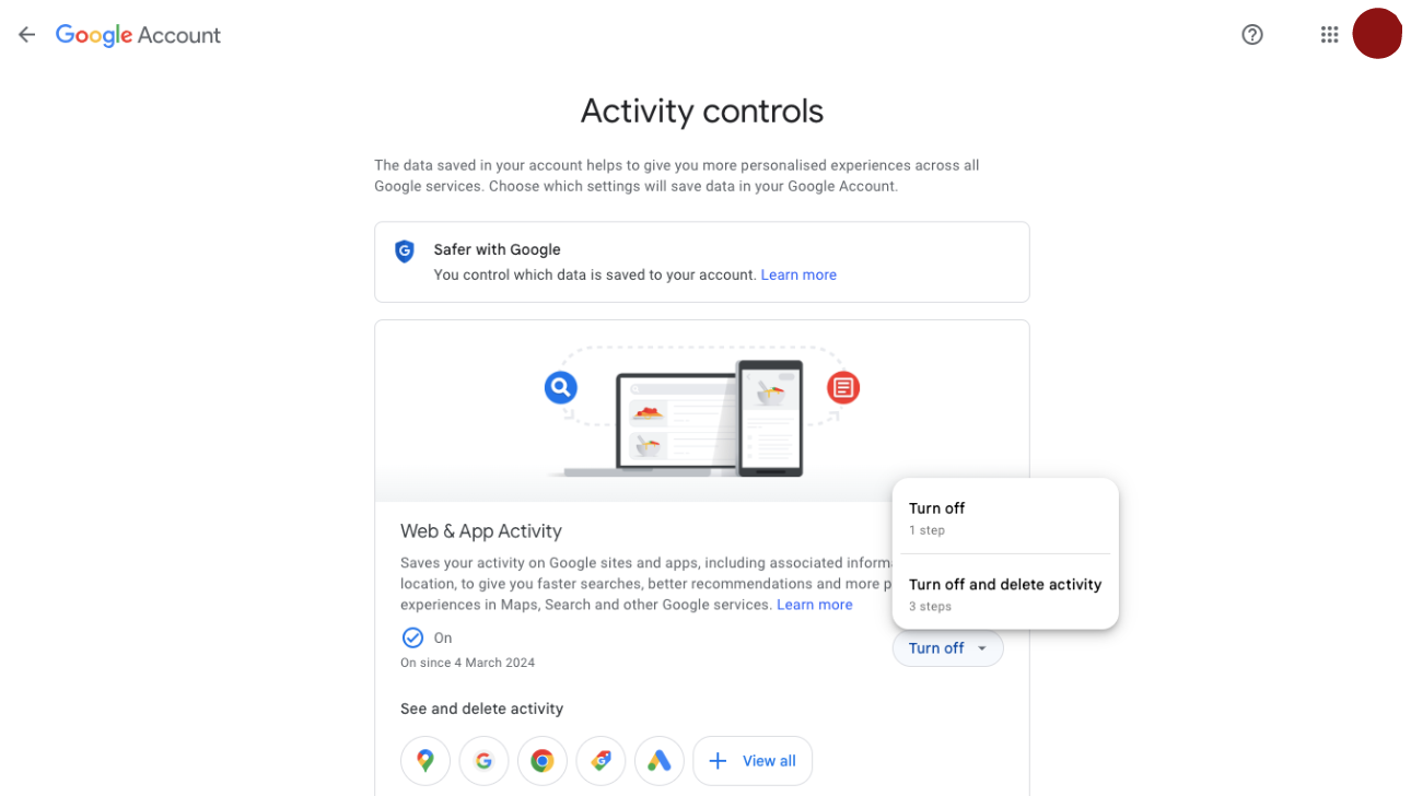 Turn off and delete Google web and app activity