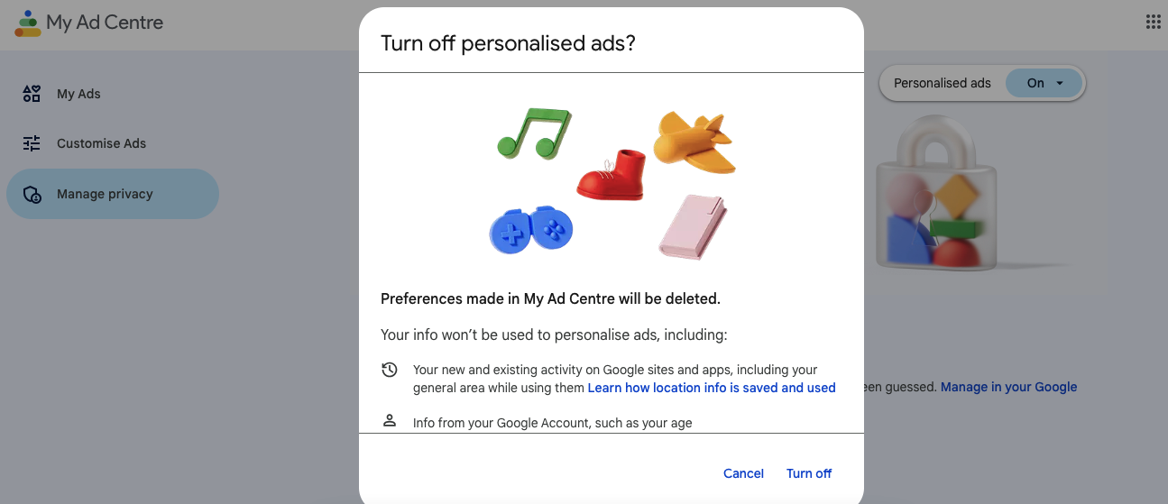 Turn off Google ads personalization
