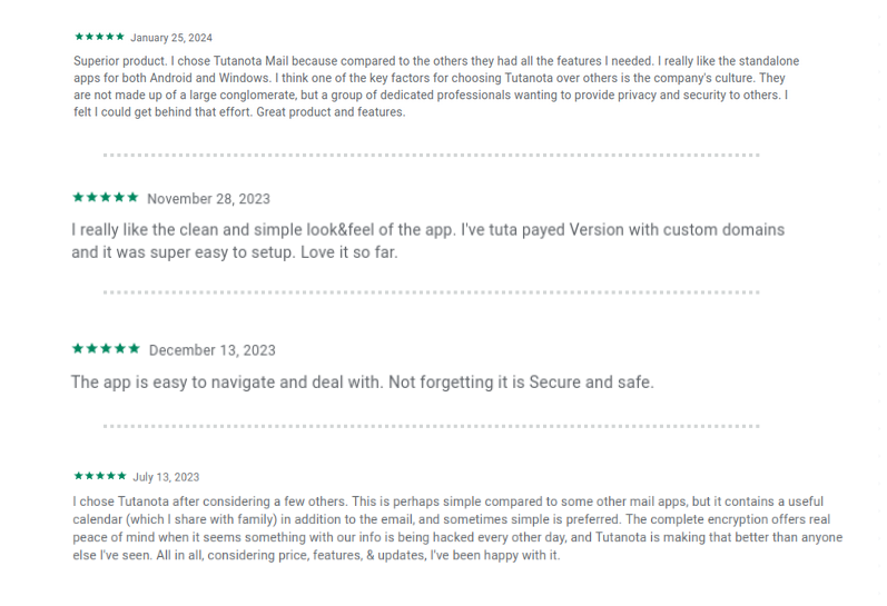 Why use Tuta Mail: app ratings where Tuta email users say why they like this privacy-first email service.