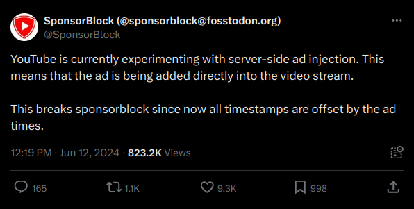 Der Werbeblocker SponsorBlock veröffentlicht die Nachrichten über das serverseitige Werbeexperiment von Google.