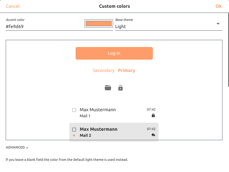 Whitelabel Tutanota to customize colors or switch to a black theme.