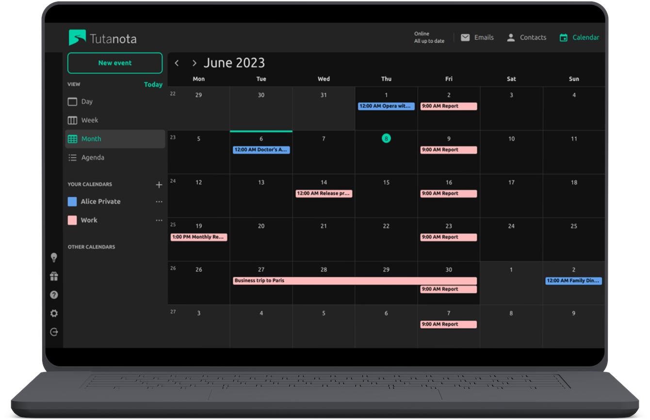 Zrzut ekranu przedstawiający zaszyfrowany kalendarz Tuta.