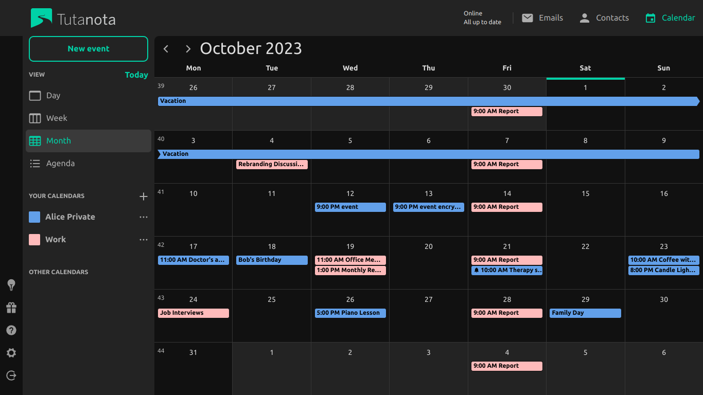 A Tuta naptár képernyőképe sötét módban.