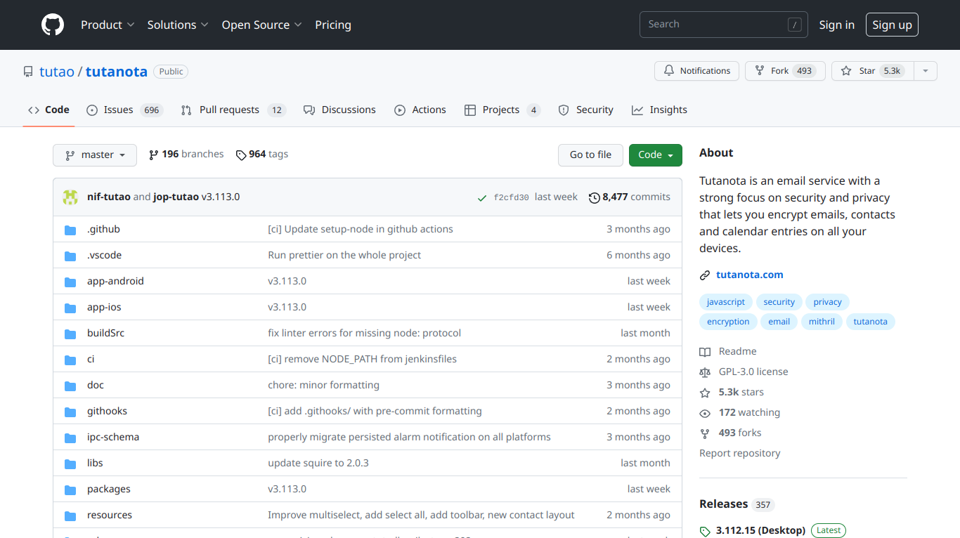 Tuta GitHub repo: All client code of Tuta is published as open source on GitHub.
